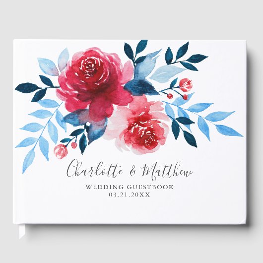 Moderne Waterverf Rood Blauw Bloemen Bruiloft Gastenboek (Voorkant)