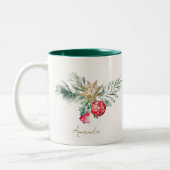 Moderne Waterverf Rood gebladerte Naam Vrolijk Ker Tweekleurige Koffiemok (Links)