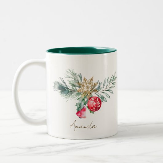 Moderne Waterverf Rood gebladerte Naam Vrolijk Ker Tweekleurige Koffiemok (Links)