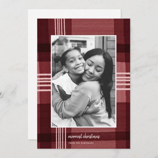 Moderne Waterverf Rood kerstfoto Feestdagenkaart (Voorkant / Achterkant)
