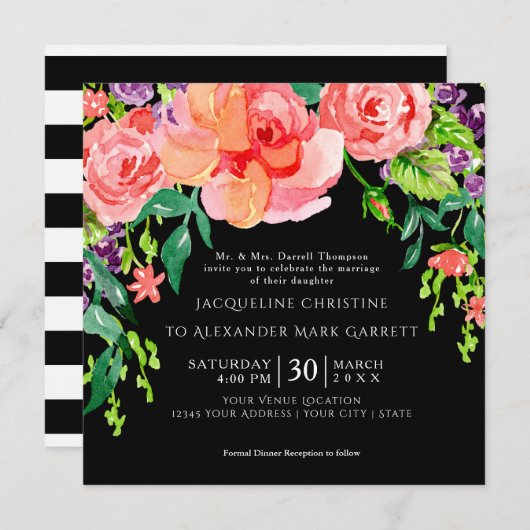 Moderne Waterverf Roos Floral Wedding Black Ground Kaart (Voorkant / Achterkant)