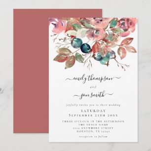 Moderne Waterverf Roze Blauwgroen Bloemen Bruiloft Kaart