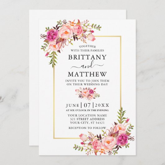 Moderne Waterverf Roze Bloemen Goud Lijst Bruiloft Kaart (Voorkant / Achterkant)