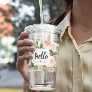 Moderne Waterverf roze bloemen & Hallo & naam Acryl Drinkbeker