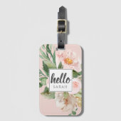Moderne Waterverf roze bloemen & Hallo & naam Bagagelabel (Voorkant (verticaal))
