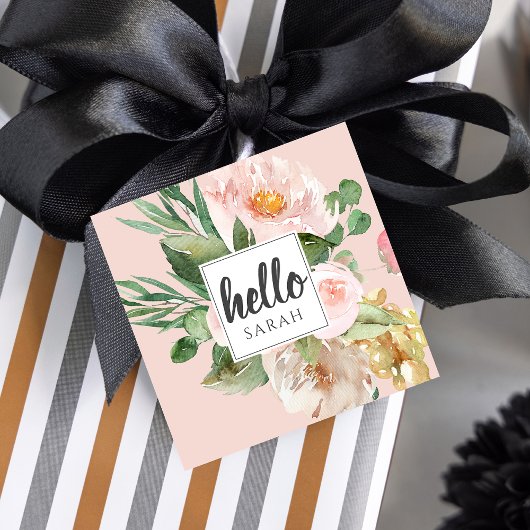 Moderne Waterverf roze bloemen & Hallo & naam Bedankjes Labels