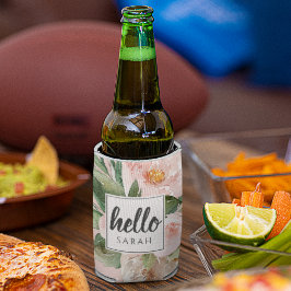 Moderne Waterverf roze bloemen & Hallo & naam Blikjeskoeler