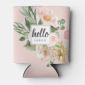 Moderne Waterverf roze bloemen & Hallo & naam Blikjeskoeler (Voorkant)