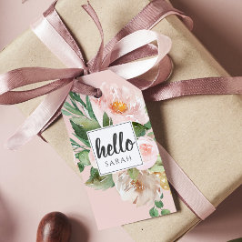 Moderne Waterverf roze bloemen & Hallo & naam Cadeaulabel