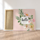 Moderne Waterverf roze bloemen & Hallo & naam Canvas Afdruk<br><div class="desc">Moderne Waterverf roze bloemen & Hallo & naam</div>