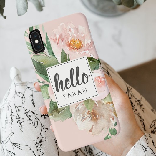 Moderne Waterverf roze bloemen & Hallo & naam Case-Mate iPhone Case
