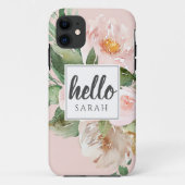 Moderne Waterverf roze bloemen & Hallo & naam Case-Mate iPhone Case (Achterkant)