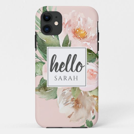 Moderne Waterverf roze bloemen & Hallo & naam Case-Mate iPhone Case (Achterkant)
