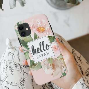 Moderne Waterverf roze bloemen & Hallo & naam Case-Mate iPhone Case