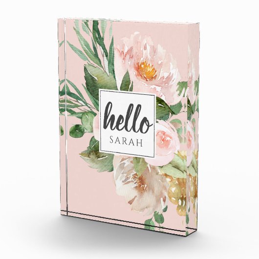 Moderne Waterverf roze bloemen & Hallo & naam Fotoblokken (Rechts)