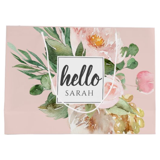 Moderne Waterverf roze bloemen & Hallo & naam Groot Cadeauzakje (Achterkant)