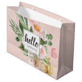 Moderne Waterverf roze bloemen & Hallo & naam Groot Cadeauzakje (Voorkant Gekanteld)