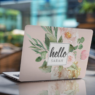 Moderne Waterverf roze bloemen & Hallo & naam HP Laptopsticker