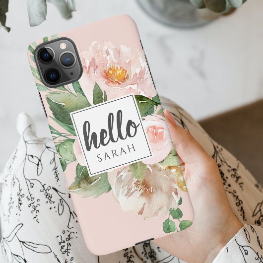 Moderne Waterverf roze bloemen & Hallo & naam iPhone Hoesje