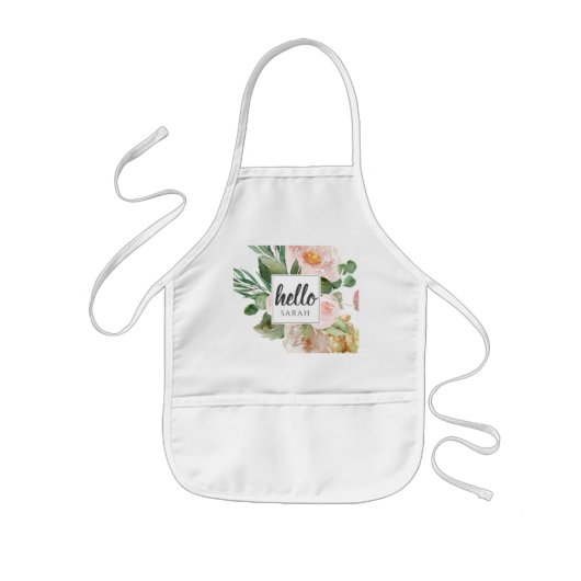 Moderne Waterverf roze bloemen & Hallo & naam Kinder Schort (Voorkant)