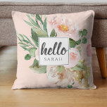 Moderne Waterverf roze bloemen & Hallo & naam Kussen<br><div class="desc">Moderne Waterverf roze bloemen & Hallo & naam</div>