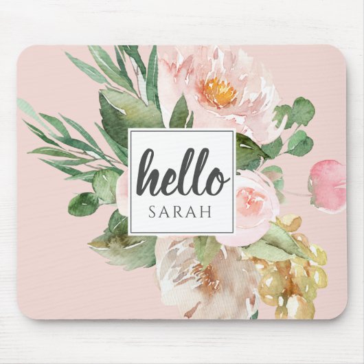 Moderne Waterverf roze bloemen & Hallo & naam Muismat (Voorkant)