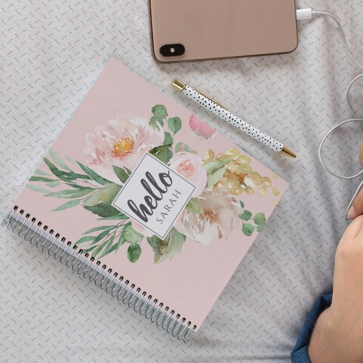 Moderne Waterverf roze bloemen & Hallo & naam Notitieboek