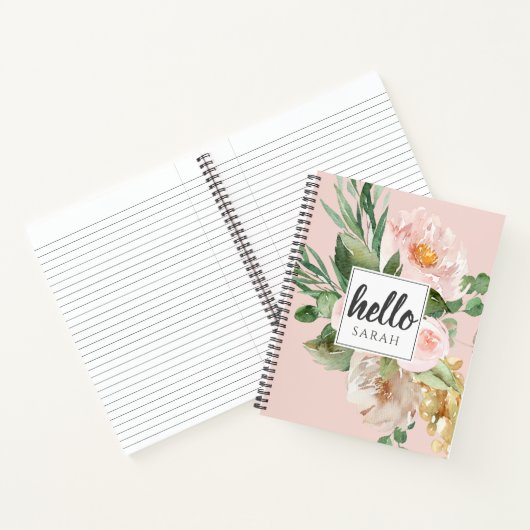Moderne Waterverf roze bloemen & Hallo & naam Notitieboek (Binnen)
