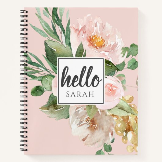 Moderne Waterverf roze bloemen & Hallo & naam Notitieboek (Voorkant)