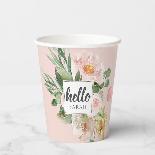 Moderne Waterverf roze bloemen & Hallo & naam Papieren Bekers (Achterkant)
