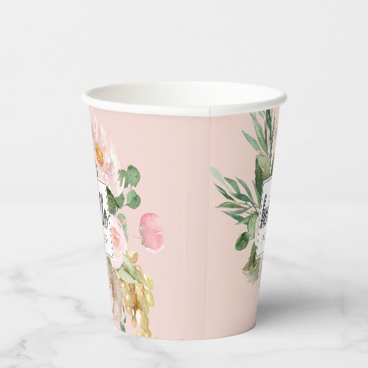 Moderne Waterverf roze bloemen & Hallo & naam Papieren Bekers (Rechts)