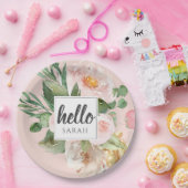 Moderne Waterverf roze bloemen & Hallo & naam Papieren Bordje (Feest)