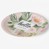 Moderne Waterverf roze bloemen & Hallo & naam Papieren Bordje (Gekanteld)