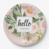 Moderne Waterverf roze bloemen & Hallo & naam Papieren Bordje (Voorkant)