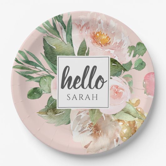 Moderne Waterverf roze bloemen & Hallo & naam Papieren Bordje (Voorkant)