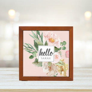 Moderne Waterverf roze bloemen & Hallo & naam Pennenhouder