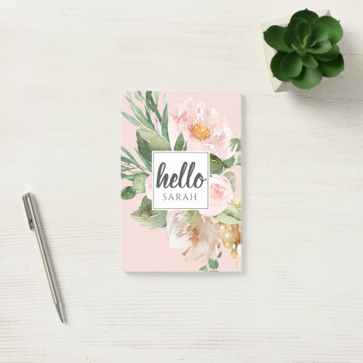 Moderne Waterverf roze bloemen & Hallo & naam Post-it® Notes (Kantoor)