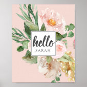 Moderne Waterverf roze bloemen & Hallo & naam Poster (Voorkant)
