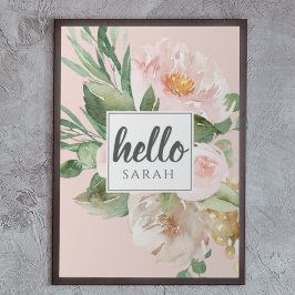 Moderne Waterverf roze bloemen & Hallo & naam Poster