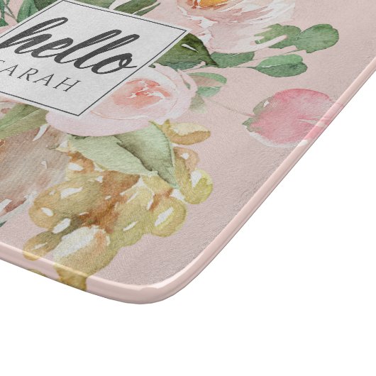 Moderne Waterverf roze bloemen & Hallo & naam Snijplank (Hoek)