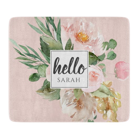 Moderne Waterverf roze bloemen & Hallo & naam Snijplank (Voorkant)