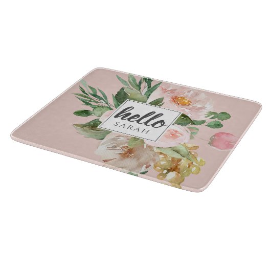 Moderne Waterverf roze bloemen & Hallo & naam Snijplank (Hoek)