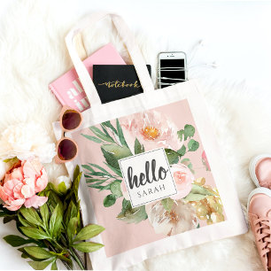 Moderne Waterverf roze bloemen & Hallo & naam Tote Bag