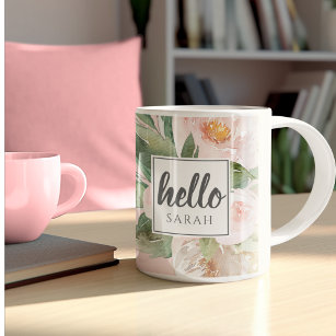 Moderne Waterverf roze bloemen & Hallo & naam Tweekleurige Koffiemok