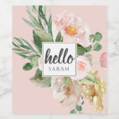 Moderne Waterverf roze bloemen & Hallo & naam Wijn Etiket (Enkel label)