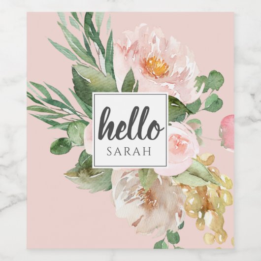 Moderne Waterverf roze bloemen & Hallo & naam Wijn Etiket (Enkel label)