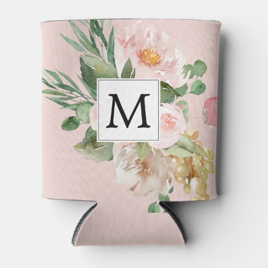 Moderne Waterverf roze bloemen monogrammen Blikjeskoeler (Voorkant)