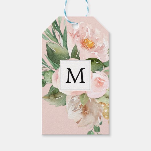 Moderne Waterverf roze bloemen monogrammen Cadeaulabel (Voorkant)
