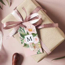 Moderne Waterverf roze bloemen monogrammen Cadeaulabel