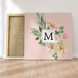Moderne Waterverf roze bloemen monogrammen Canvas Afdruk